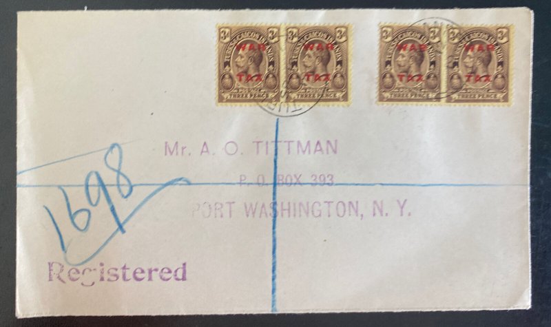 1919 Turks & Caicos Island Registered Cover To Port Washington NY USA Tax Stamp 