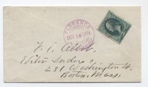 1879 Florence MA 3ct banknote cover fancy county name postmark [h.4864]