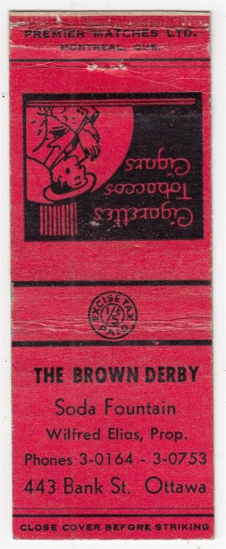 Canada Revenue 1/5¢ Excise Tax Matchbook THE BROWN DERBY Ottawa