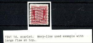 Guernsey 1941 Arms 1d fine used wavy lines with large 'confetti' flaw at top