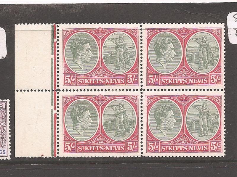 St Kitts & Nevis KGVI 5/- Columbus SG 77c block of 4, 2 MNH (6avv)