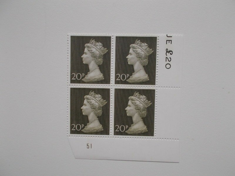 1970 20p Machin High Value in Plate Block of 4 (Plate 51) on Contractor's Paper