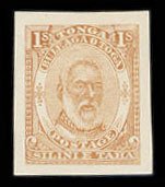 Tonga #10P, 1892 George I, 1p trial color die proof in brown on thin paper