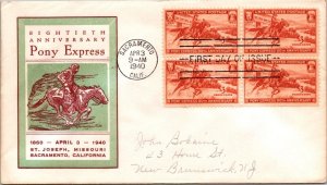 FDC 1940 SC #894 Linprint Cachet - Sacramento, CA - Block Of 4 - J4697