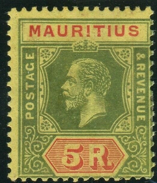 MAURITIUS-1921 5r Green & Red/Pale Yellow.  Average mounted mint example Sg 203a