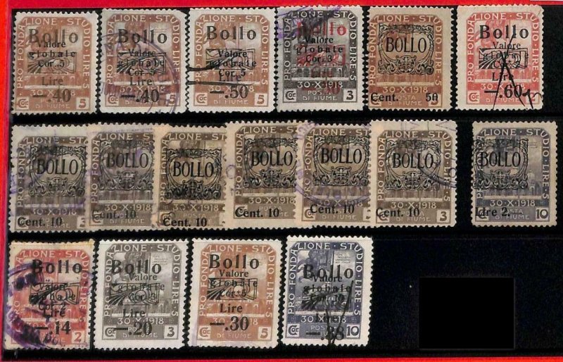 94710  - ITALY Fiume -  STAMPS - Lot of 17  ORDINARY stamps with REVENUE ovrpt