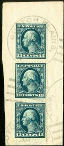 US Stamps # 339 F-VF Striking stamp of 3 Neatly tied to piece Rare
