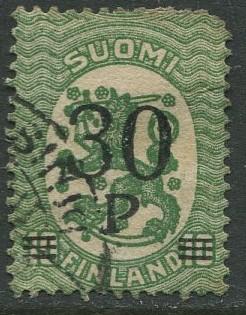 Finland - Scott 123 - Arms of Republic Overprint -1921- Used - Single 30p Stamp