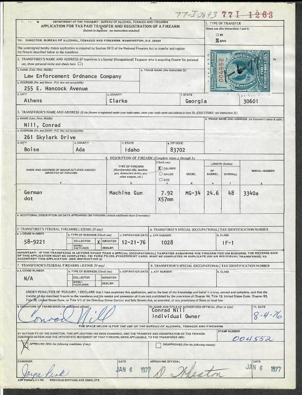 US Sc#RY6 Firearms Transfer Tax Stamp On License, Georgia, Machine Gun, Cv. $125