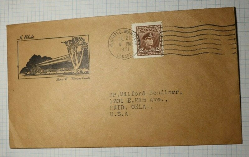 Canada Winnipeg Station B Private Stationary to USA Enid OK 1951 Sc# 364 Bilesk 