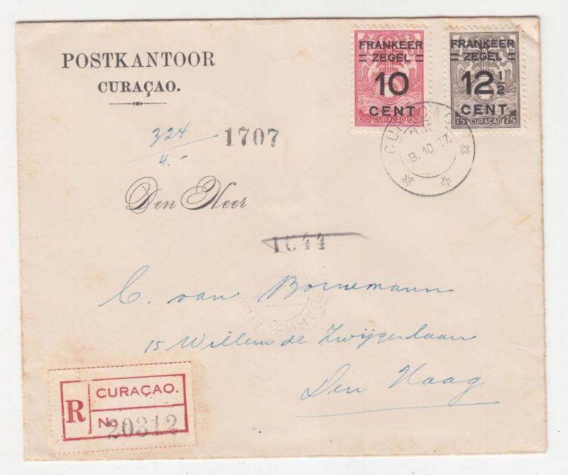 CURACAO, 1927 Reg. cover, Unissued Marine Insurance overprints 10c. & 12 1/2c.