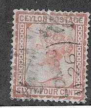 Ceylon#72 64c Queen Victoria  (U)  V  CV $77.50