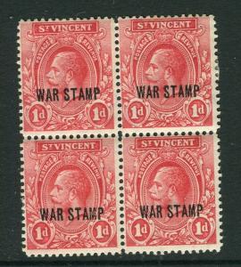 ST. VINCENT; 1918 early GV WAR STAMP Optd. issue 1d. mint hinged Block