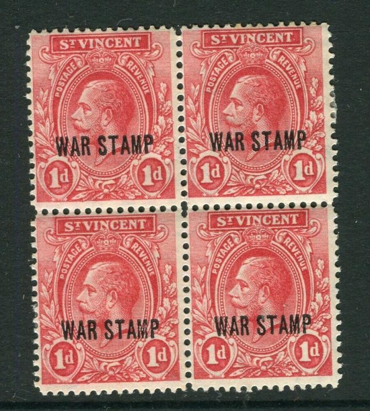 ST. VINCENT; 1918 early GV WAR STAMP Optd. issue 1d. mint hinged Block