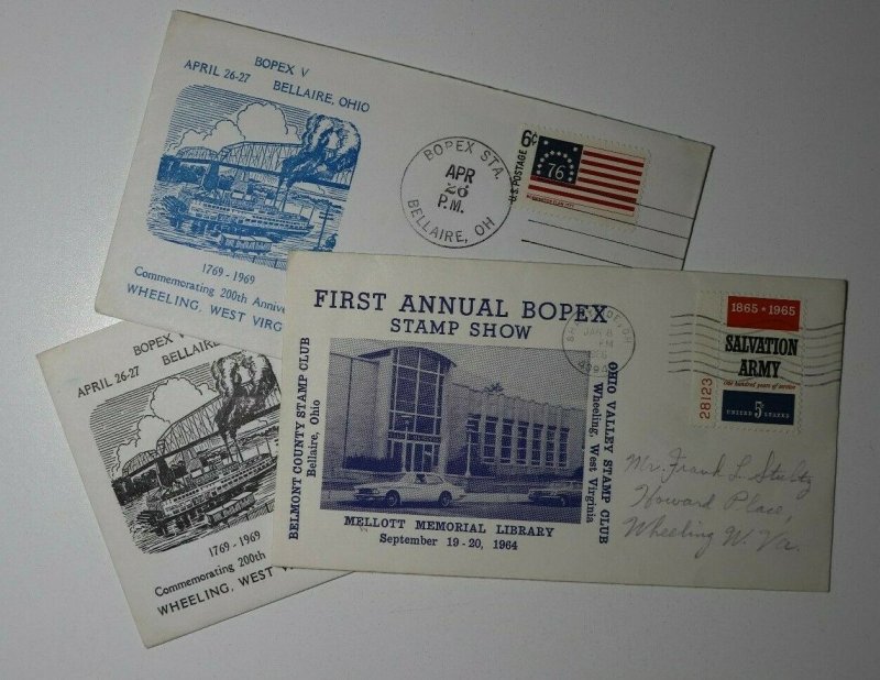 BOPEX Stamp Show Bellaire OH Lot of 3 1964 & 1969 Philatelic Expo Cachet Cover