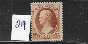 US #217 1888 HAMILTON 30 CENTS (ORANGE BROWN)- MINT HINGED