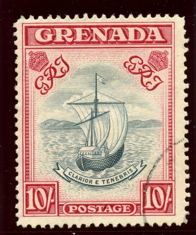 Grenada 1943 KGVI 10s blue-black & carmine (p14 - narrow ptg) VFU. SG 163e.