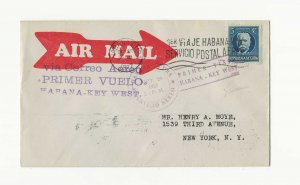 Cuba 1927 single franking on First Flight Havana to Key West then NY with cachet