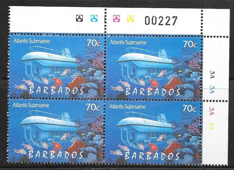 Barbados #960 70c Tourism-Atlantis Submarine Plate block  (MNH)  CV $7.00