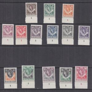 NORTHERN RHODESIA, 1953 QE set of 14, Plate # 1, small hinge marks at top.