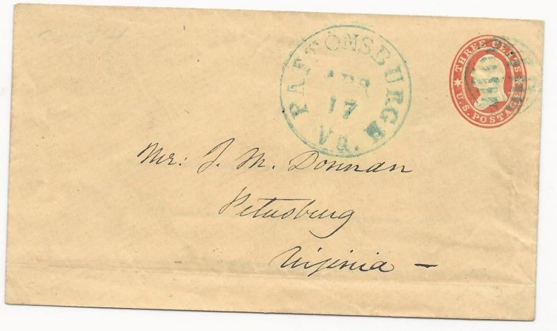 US Star Die Cover Used in CSA Blue Pattonsburgh, VA CDS April 17, 1861 Ex-Thayer