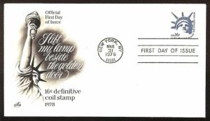 FIRST DAY COVER #1619 Statue of Liberty 16c Coil ARTCRAFT U/A FDC 1978 (Last 1)