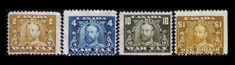 CANADA 1915 SET/LOT 4 USED INLAND REVENUE STAMPS 3 WAR TAX + #FX19 $1 EXCISE TAX