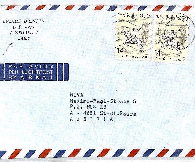 ZAIRE MISSIONARY MAIL Forwarded BELGIUM 1991 *Kinshasa* Cachet Cover MIVA CM238