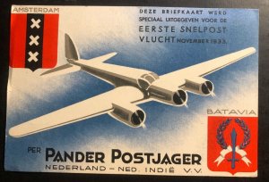 1933 Amsterdam Netherlands Special Round Flight Postcard cover To Bandoeng