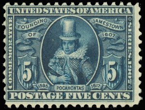 US Scott #330 Mint-NH, Pocahontas - Jamestown Stamp, SCV $375.00! (SK)
