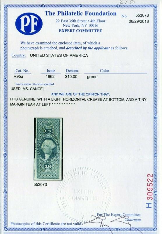 Scott #R95a $10 Mortgage Imperf Revenue Stamp  w/ PF Cert (Stock #R95-PF1)