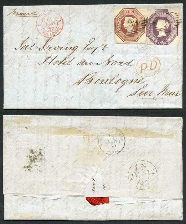 10d and 6d Embossed on Cover to Boulogne (Not sure if the stamps belong)