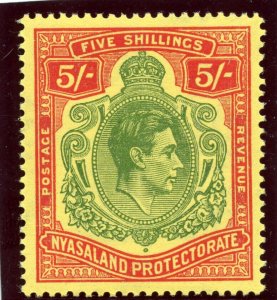 Nyasaland 1944 KGVI 5s green & red/pale yellow (O) superb MNH. SG 141a. Sc 65a.