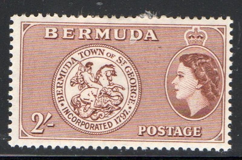 Bermuda Sc 158 1953 2/ QE II & Arms of St George stamp mint