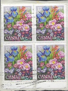 Canada #855 used margin block of 4. Flowers. Jardins Gardens.  Nice.