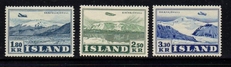 Iceland  1952 Airplane over Glacier Airmail stamp set mint