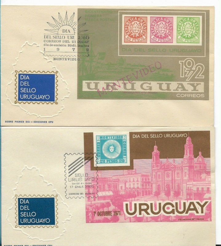 URUGUAY 1972 1973 4 SOUVENIR SHEET ON 4 FIRST DAY COVER POSTAGE STAMPS ANNIV.