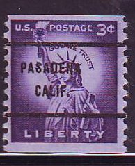 Pasadena CA, 1057-61 Bureau Precancel, 3¢ coil Statue of Liberty