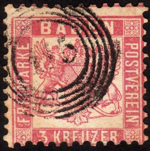 1862, Germany Baden, 3Kr, Used, Sc 20