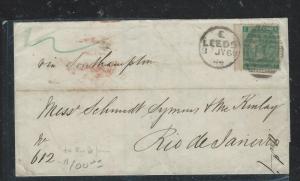 BRAZIL (P1906B) 1868 INCOMING QV GB 1/- COVER TO RIO, BACK STAMPED