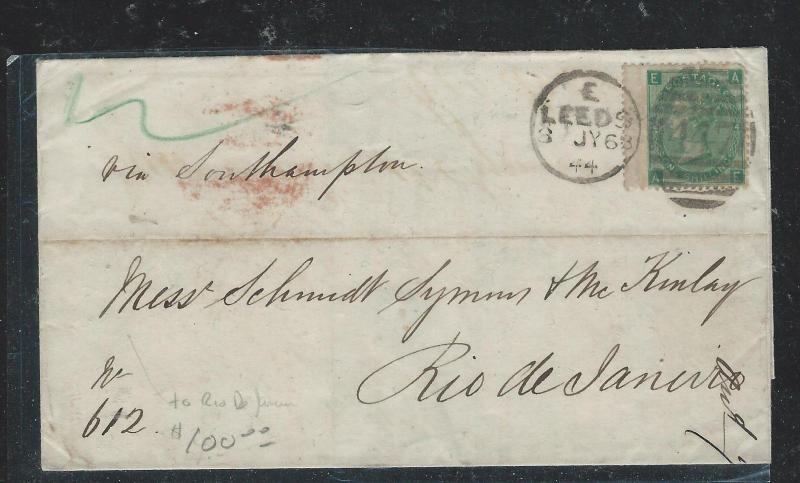 BRAZIL (P1906B) 1868 INCOMING QV GB 1/- COVER TO RIO, BACK STAMPED