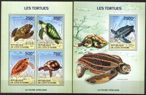 Ivory Coast 2014 Turtles Sheet + S/S MNH