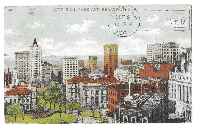 City Hall Park and Broadway, New York City Postcard, mailed 1907 forwarded twice