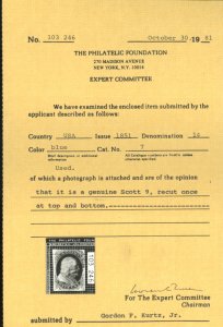 U.S. #9 USED with PF CERT