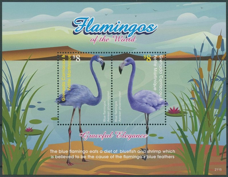 Grenadines Grenada 2021 MNH Birds on Stamps Flamingos Blue Flamingo 2v S/S 