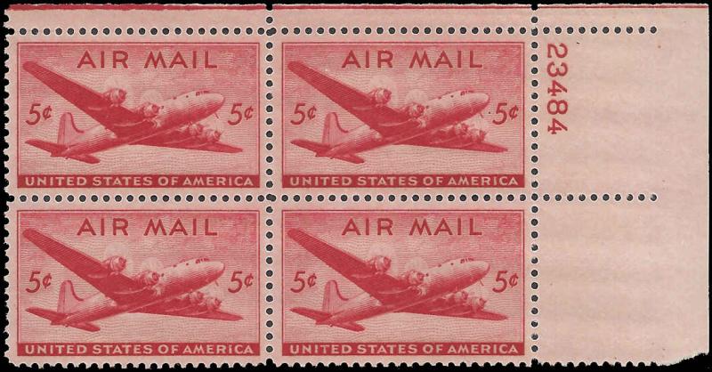 US #C32 5¢ SKYMASTER MNH UR PLATE BLOCK #23484 DURLAND .50¢