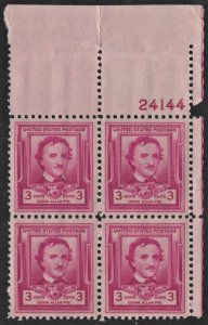SC#986 3¢ Edgar Allan Poe Plate Block: UR #24144 (1949) MNH*