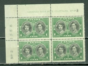 CANADA 1937 PRINCESS #246 UL PL4-2 CORNER BLK MNH(LIGHT GUM TONING) MNH $3.00