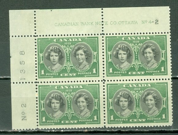 CANADA 1937 PRINCESS #246 UL PL4-2 CORNER BLK MNH(LIGHT GUM TONING) MNH $3.00