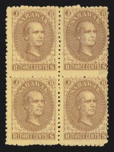 SARAWAK 1869 Brooke 3c brown on yellow block. RARE MULTIPLE